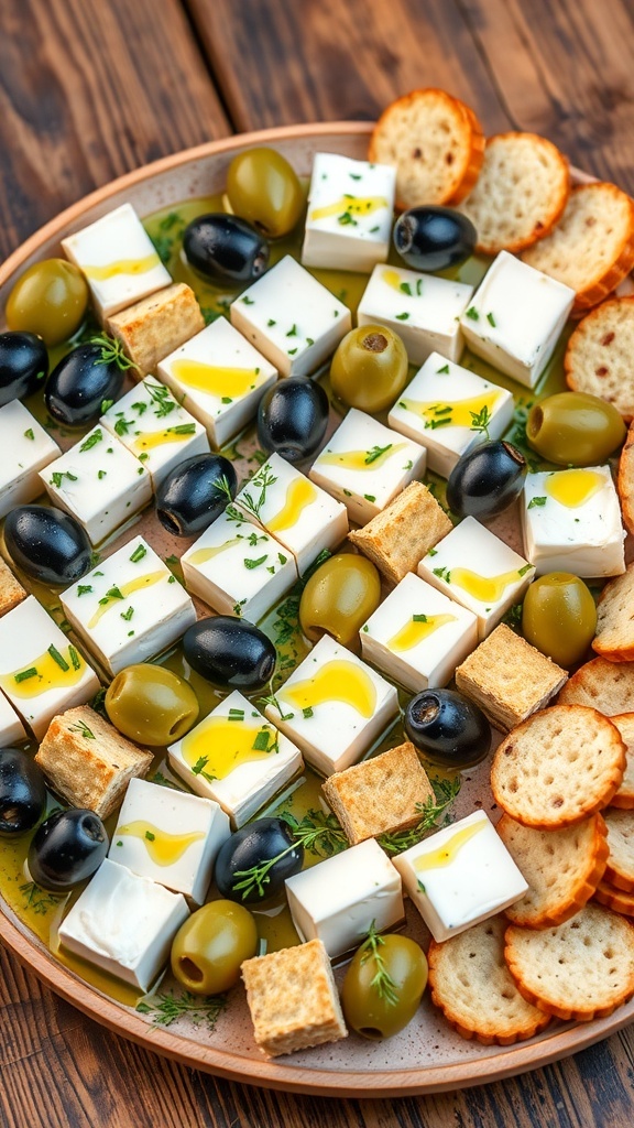 Feta and Olive Checkerboard Appetizer A checkerboard appetizer with feta cheese and olives, garnished with herbs, served with crackers.